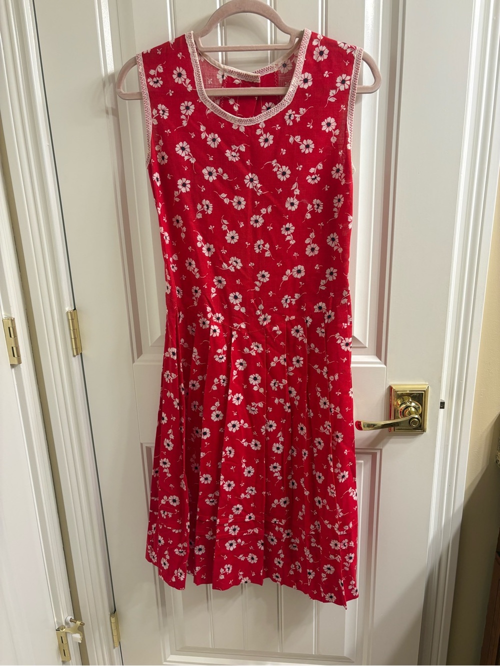 Vintage Homemade Red Sleeveless Daisy Print Dress Keyhole Back Fit n Flare M